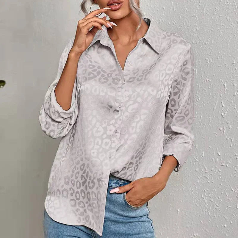 Elegant Long Sleeve Leopard Jacquard Blouse for Women with Turn Down Collar and Button Front Office Shirt Autumn Spring Fashion Top