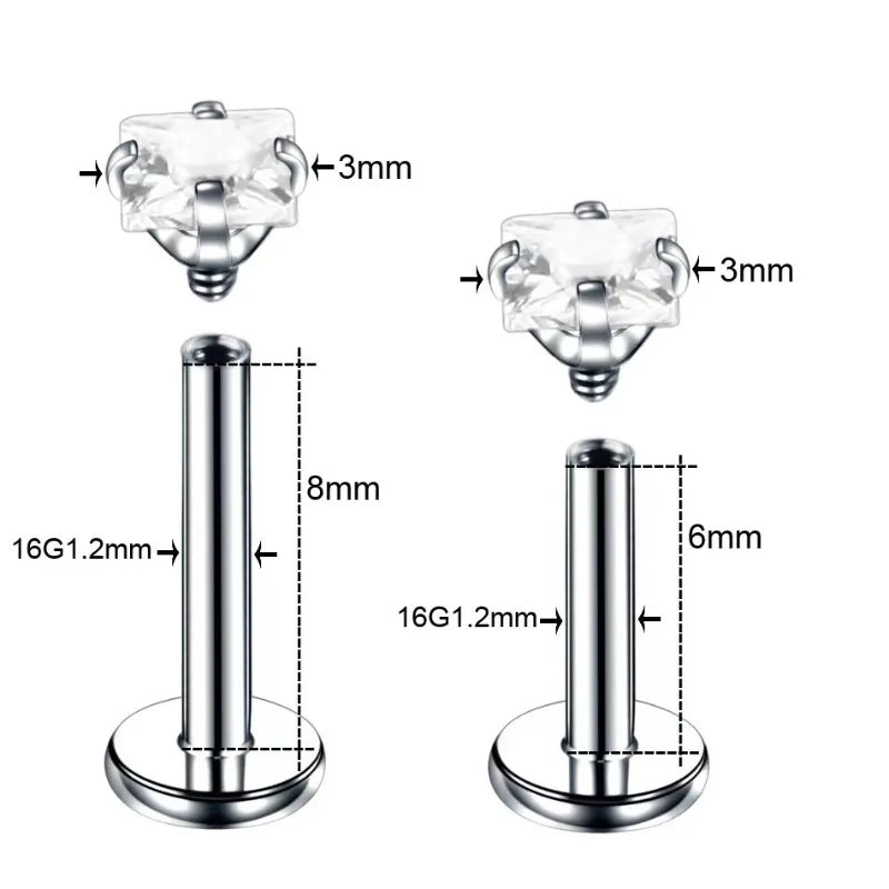 2pcs Stainless Steel Tragus Earrings with Crystal Labret and Small Helix Cartilage Studs for Women Body Jewelry