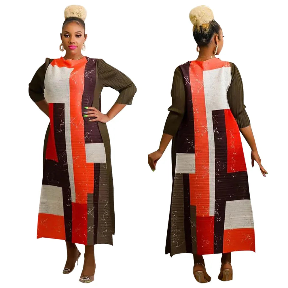 Leaf Print Pleated Boho Maxi Dress for Women Casual Beach