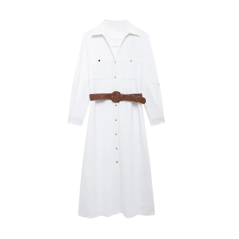 Belted Midi Shirt Dress With Flip Collar For Everyday Wear