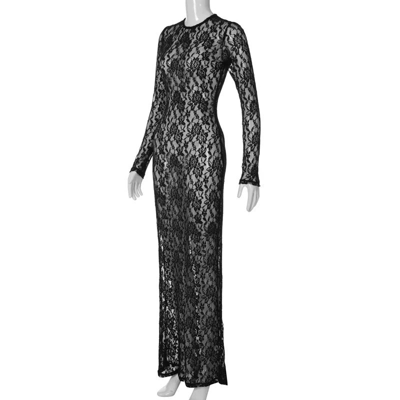 Floral Print Sheer Maxi Dress Long Sleeve Bodycon Evening
