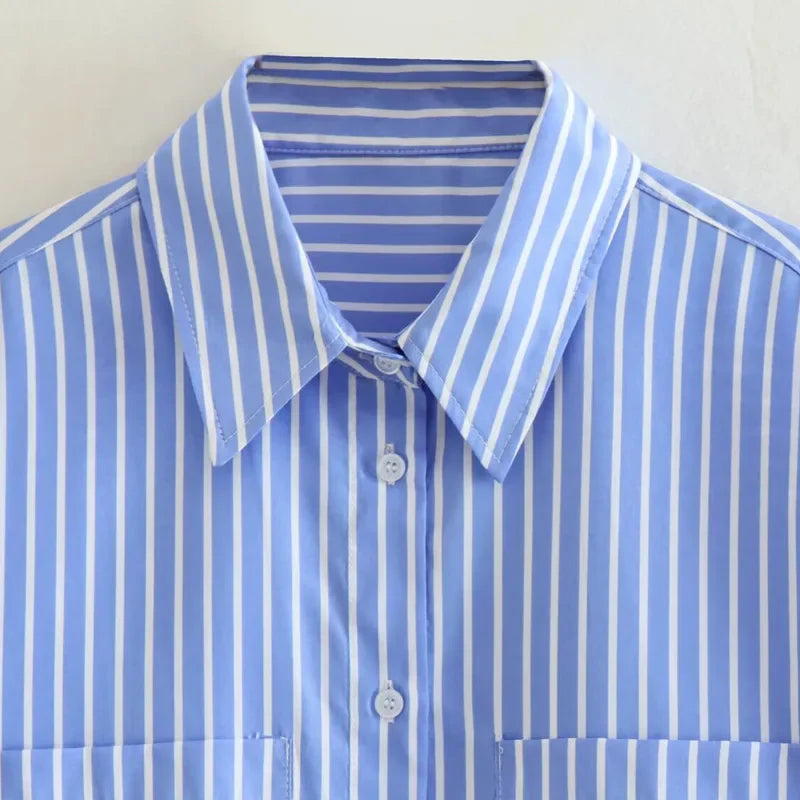 Women's Striped Loose Fit Long Sleeve Shirt Soft Blue Autumn Blouse Stylish Office Wear Top