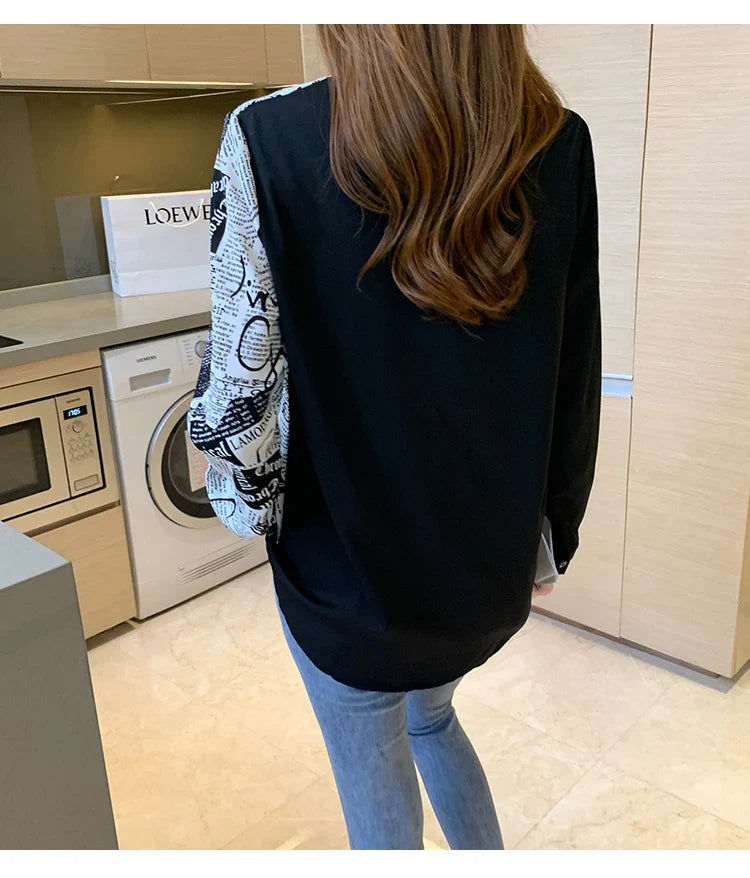 Womens Long Sleeve Contrast Letter Print Shirt Turn-Down Collar Button Up Blouse Lightweight Spring Summer Fashion Top