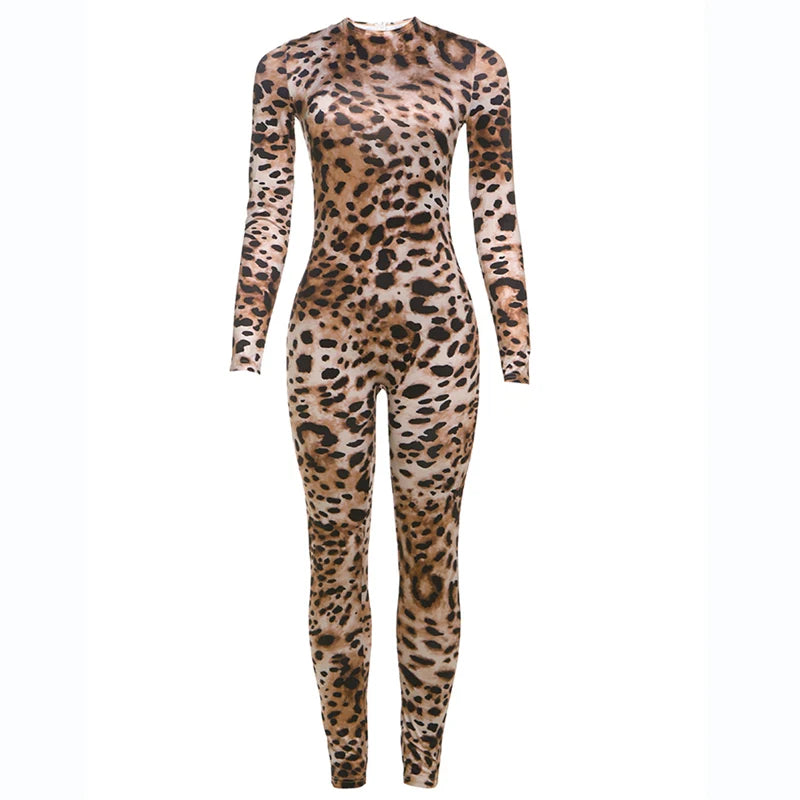 Leopard Print Women's Full Sleeve Zip Jumpsuit Skinny Stretch Fitness Workout Streetwear Overalls