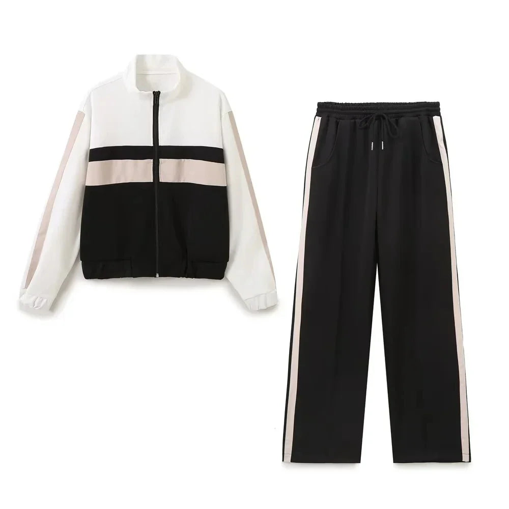 Side Striped Zipper Pilot Jacket and High Waist Elastic Casual Pants Set for Women