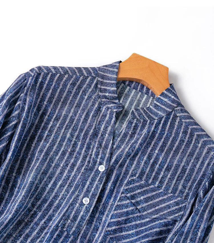 Women 100 Percent Mulberry Crepe Silk Shirt Blue Jeans Stripe Printed Three Quarter Sleeve Pullover Blouse Elegant Office Top in M L XL