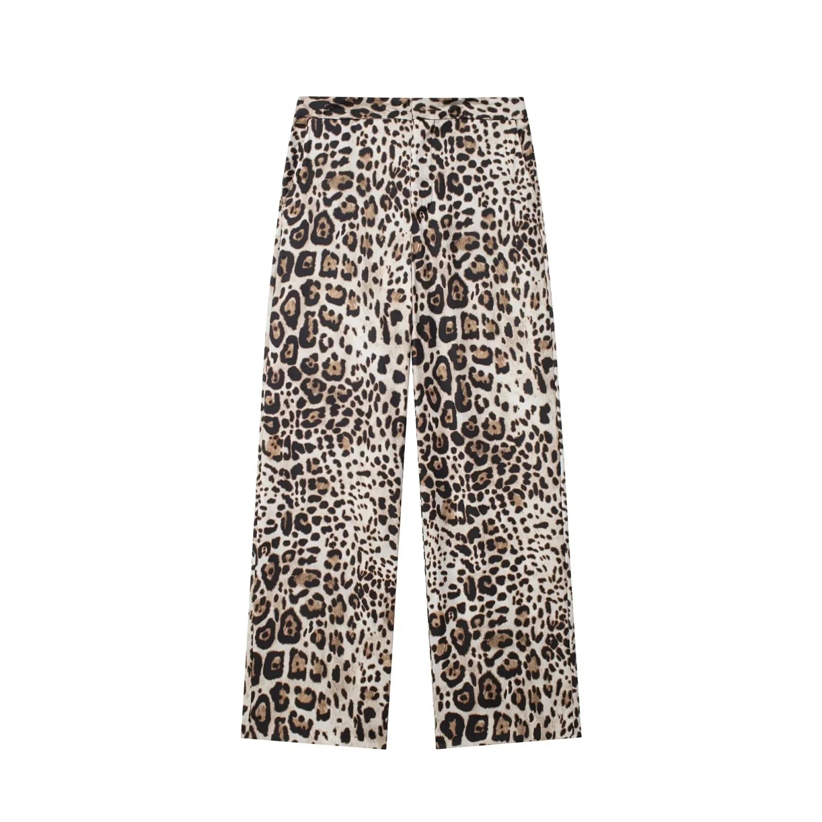 Chic Animal Print Button-Up Shirt and High Waist Zip Pants Set for Women