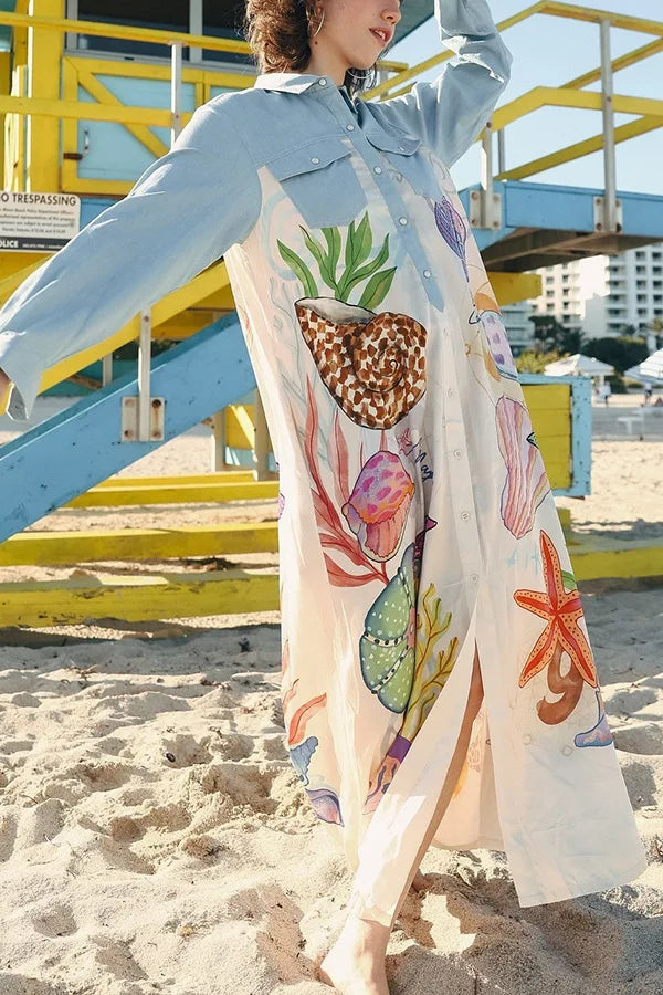 Personality Printed Long Sleeve Single Breasted Shirt with Lapel Collar and Skirt Set for Women