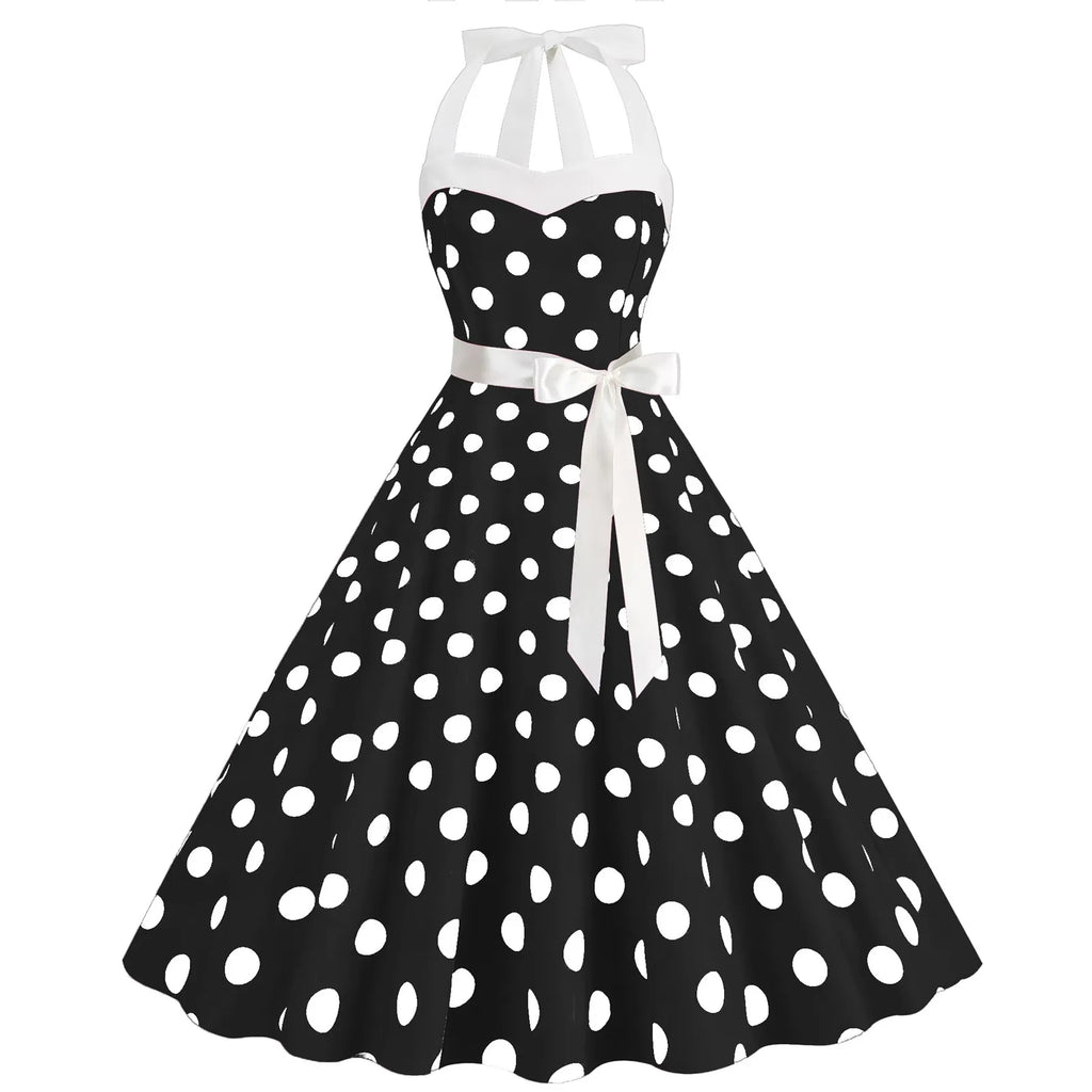 Ladies Vintage Polka Dot Backless Lace Up Swing Dress
