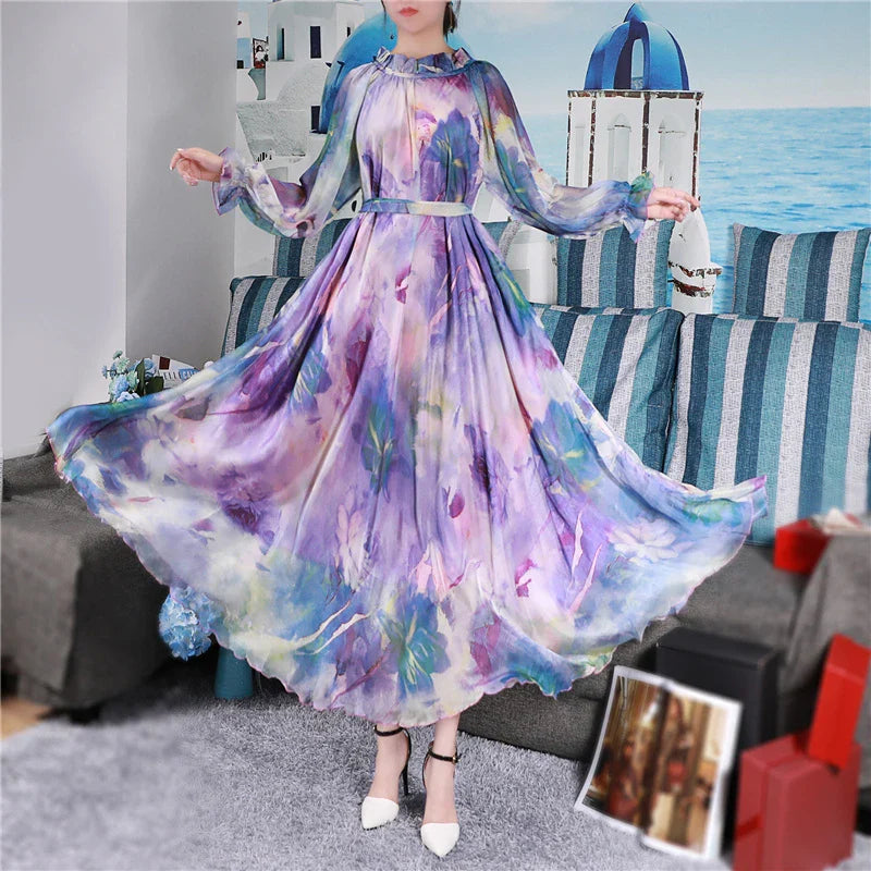 Plus Size Boho Maxi Dress Floral Chiffon Long Sleeve