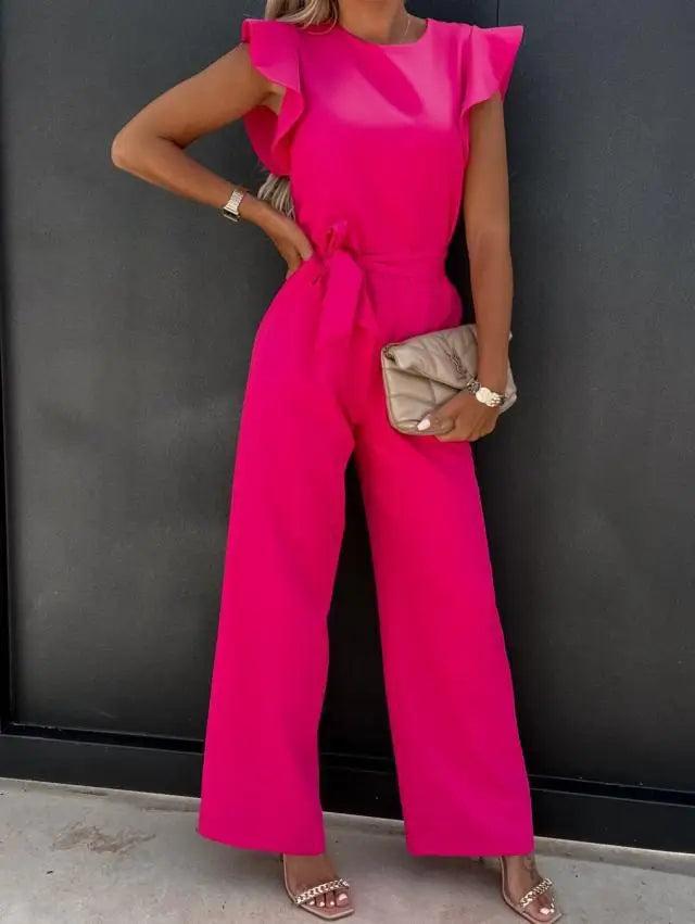 Elegant Lace Up High Waist Jumpsuit for Women with Straight Leg and Ruffle Edge Sleeves in Solid Color