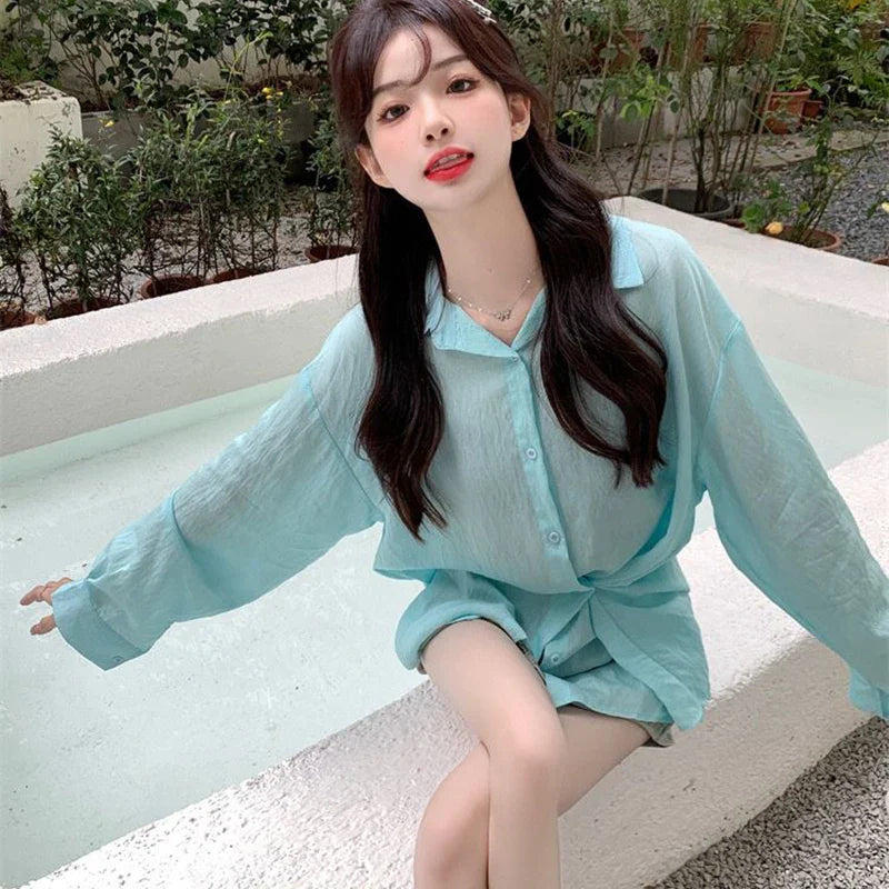 Purple Sunscreen Long Sleeve Shirt for Women Lightweight Single Breasted Loose Casual Blouse with Turn Down Collar