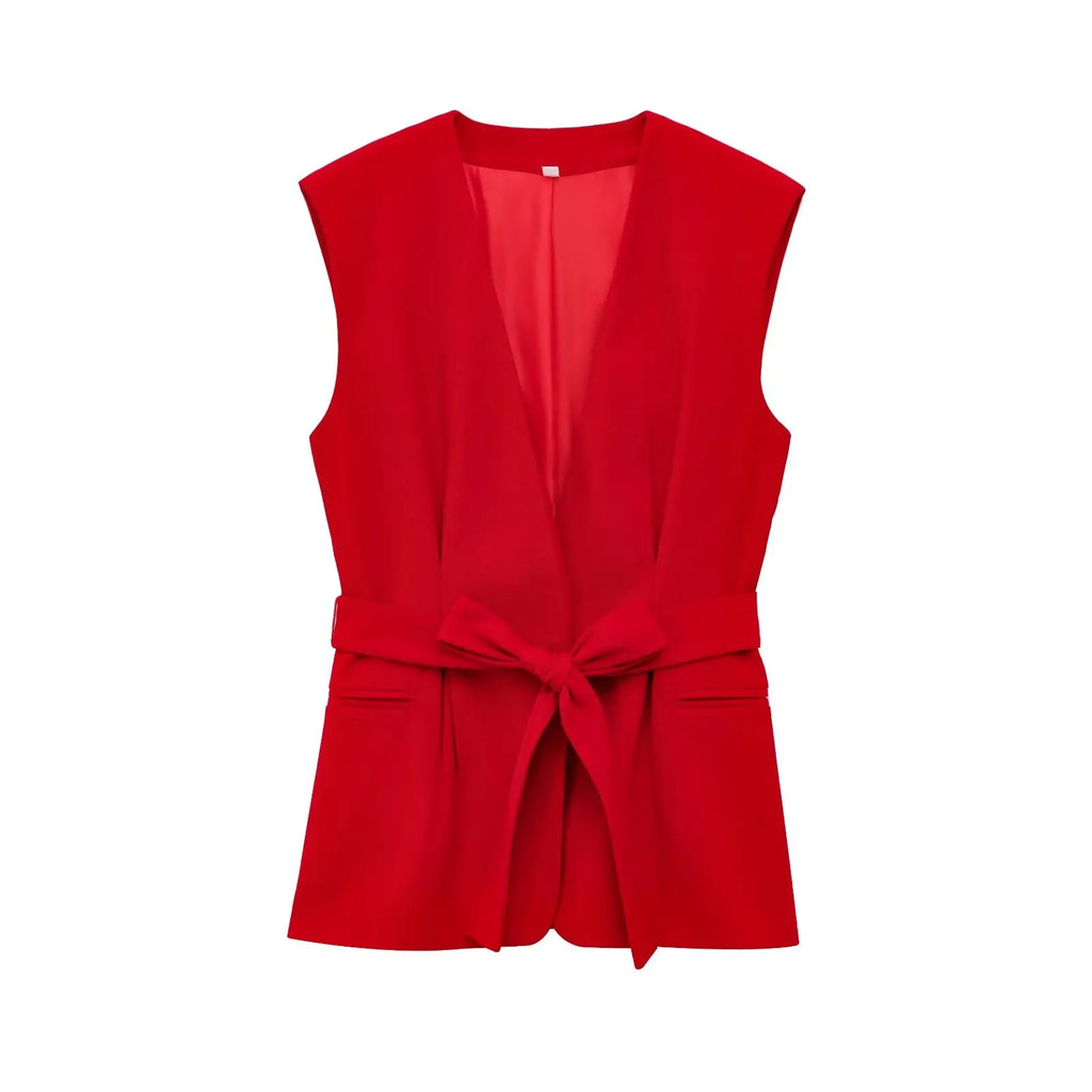 Elegant Red Belted Vest and Flared Pants Suit for Women Stylish and Versatile Two-Piece Outfit with Simple Chic Design