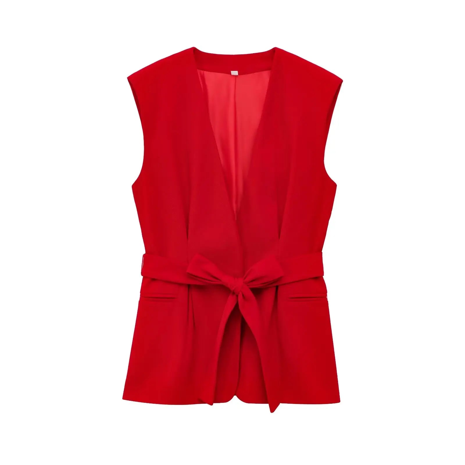 Elegant Red Belted Vest and Flared Pants Suit for Women Stylish and Versatile Two-Piece Outfit with Simple Chic Design