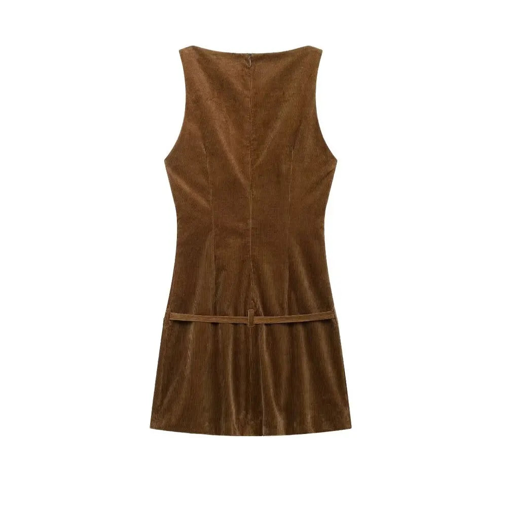 Corduroy Mini Dress With Belt O Neck Sleeveless Back Zipper