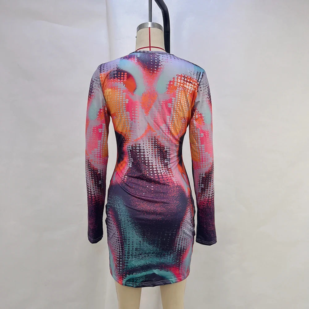 Autumn Winter Printed Round Neck Long Sleeve Womens Dress