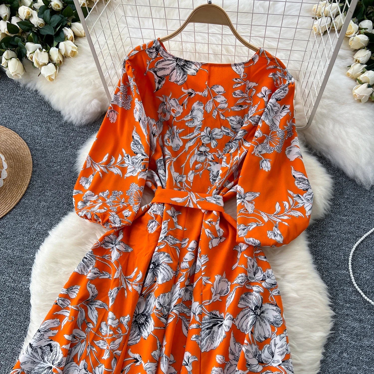 Boho Floral Print Pleated Maxi Dress With Puff Sleeves Belt