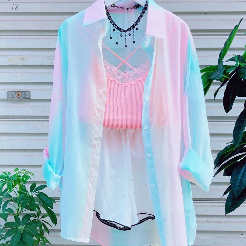 Sheer Long Sleeve Gradient Rainbow Blouse Casual Loose Fit Office Shirt for Women