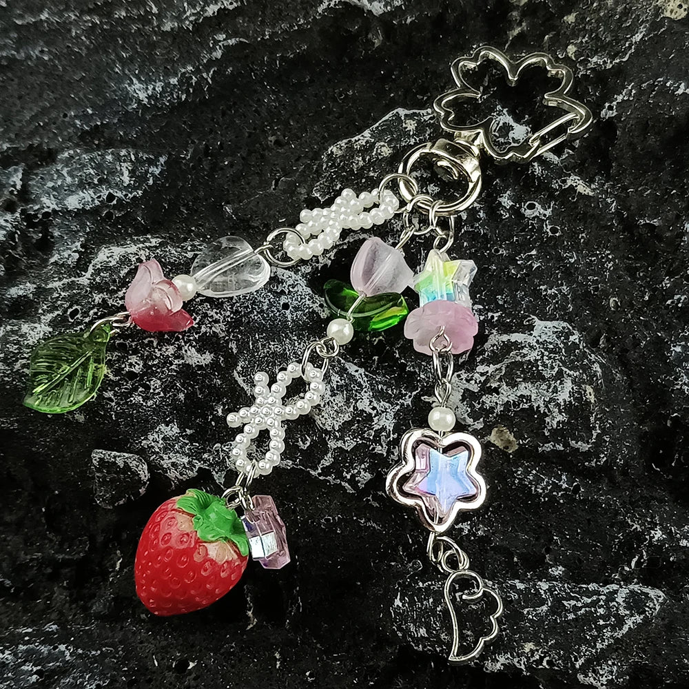 Cute Strawberry Bow Keychain Pendant for Girls Fashion Accessory and Gift