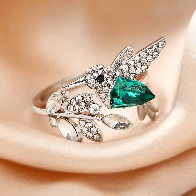 Elegant Natural Blue Stone Hummingbird Adjustable Ring for Women - Unique Glass Filled Wedding and Engagement Jewelry