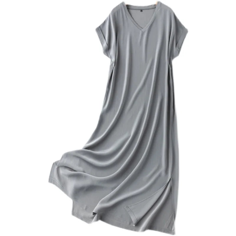 Mulberry Silk 19 Momme Midi Dress With V Neck And Slit