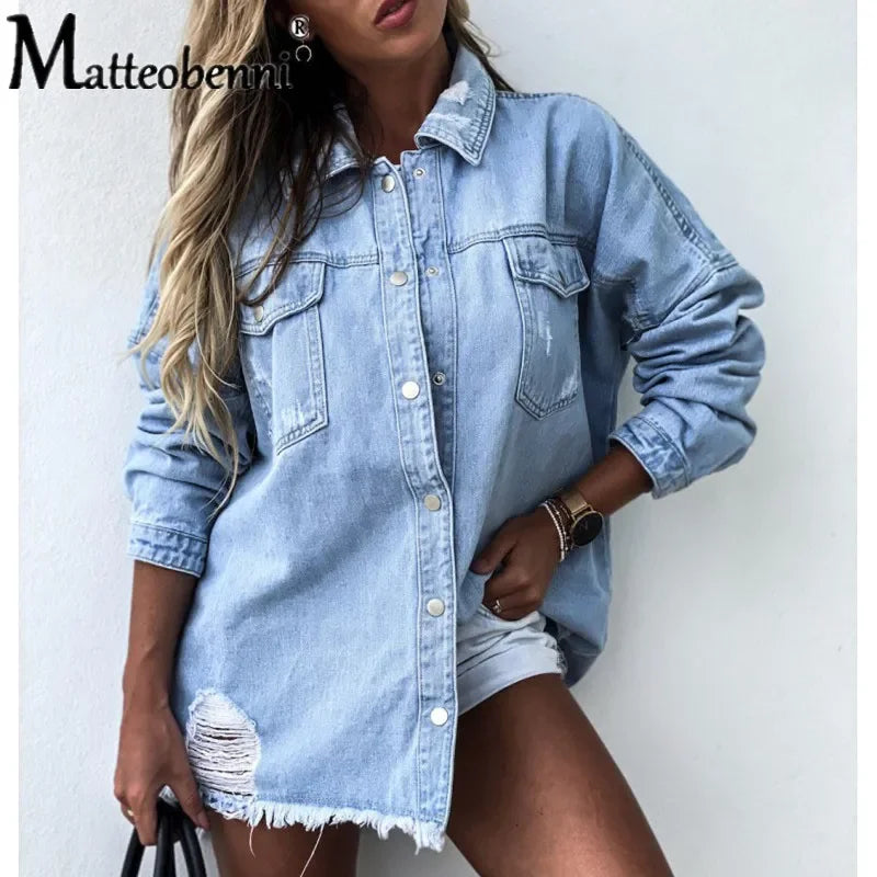 Women's Long Sleeve Denim Shirt with Ripped Details Mid-Length Button-Up Boyfriend Fit Casual Loose Top