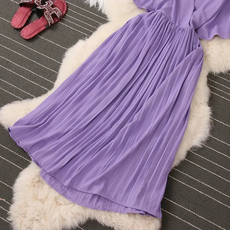 Chiffon Pleated Lace Up V Neck Dress For Women Summer
