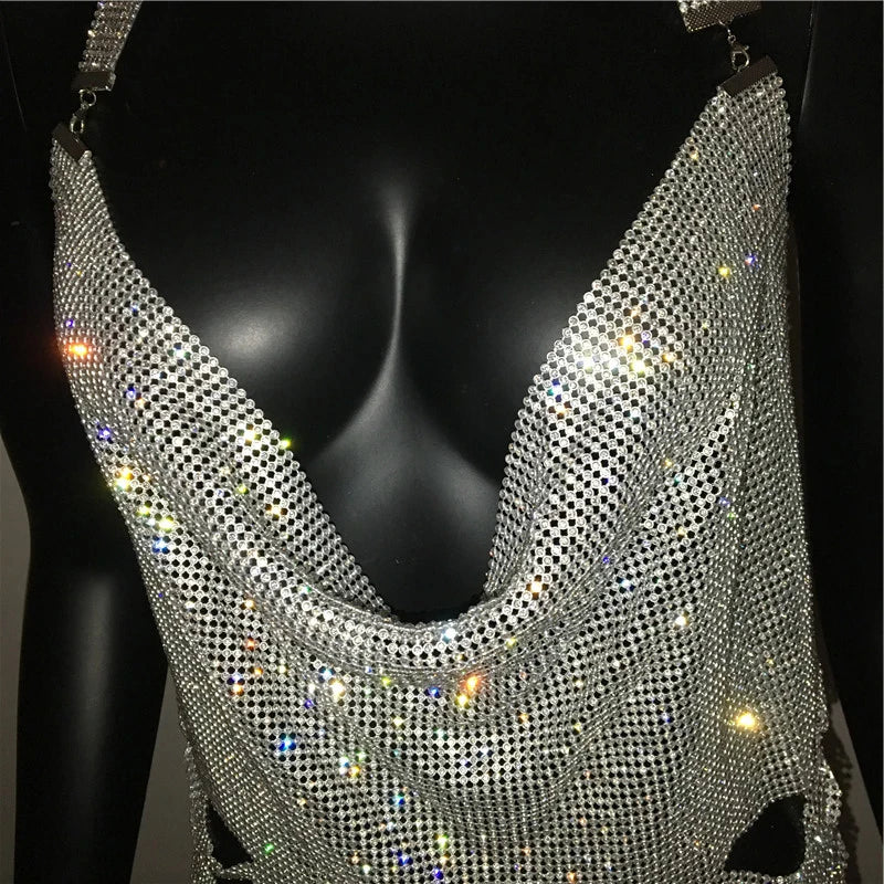 Backless Halter Neck Dress With Rhinestones Side Split