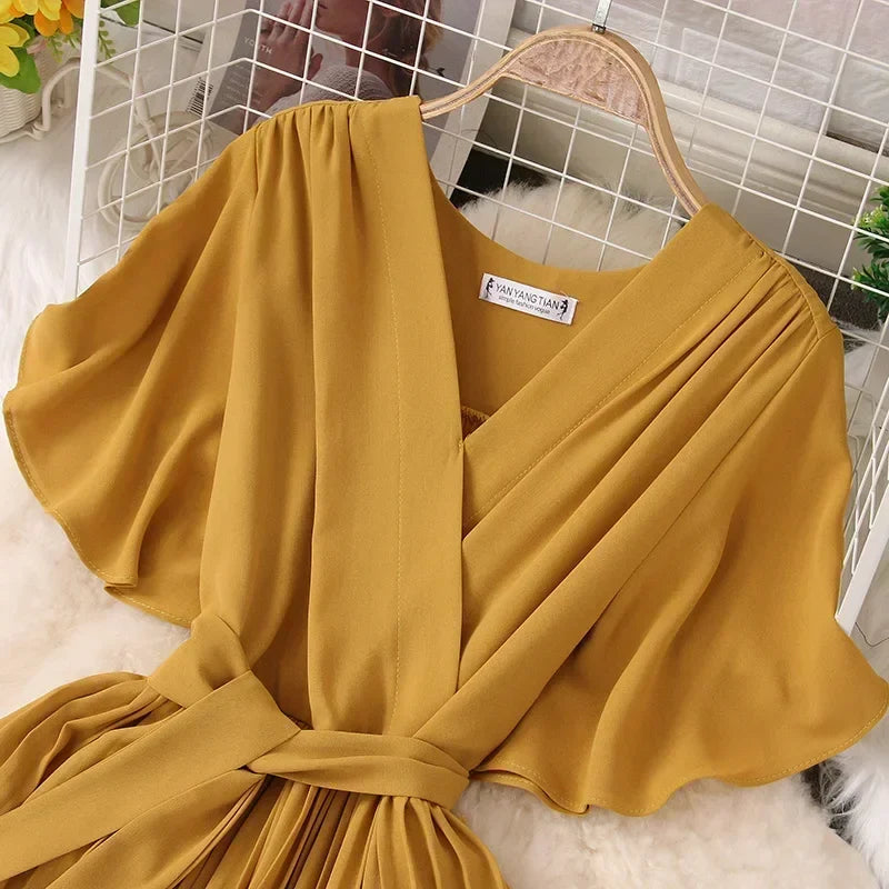 Chiffon Pleated Lace Up V Neck Dress For Women Summer