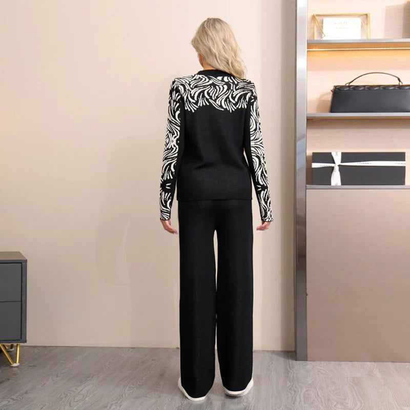 Women Casual Printed Two-Piece Knit Pullover and High Waist Wide Leg Pants Office Suit