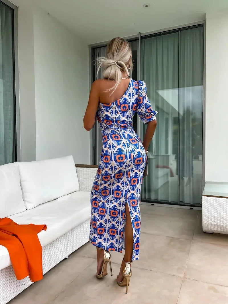 High Waist Off Shoulder Party Dress Asymmetrical Print