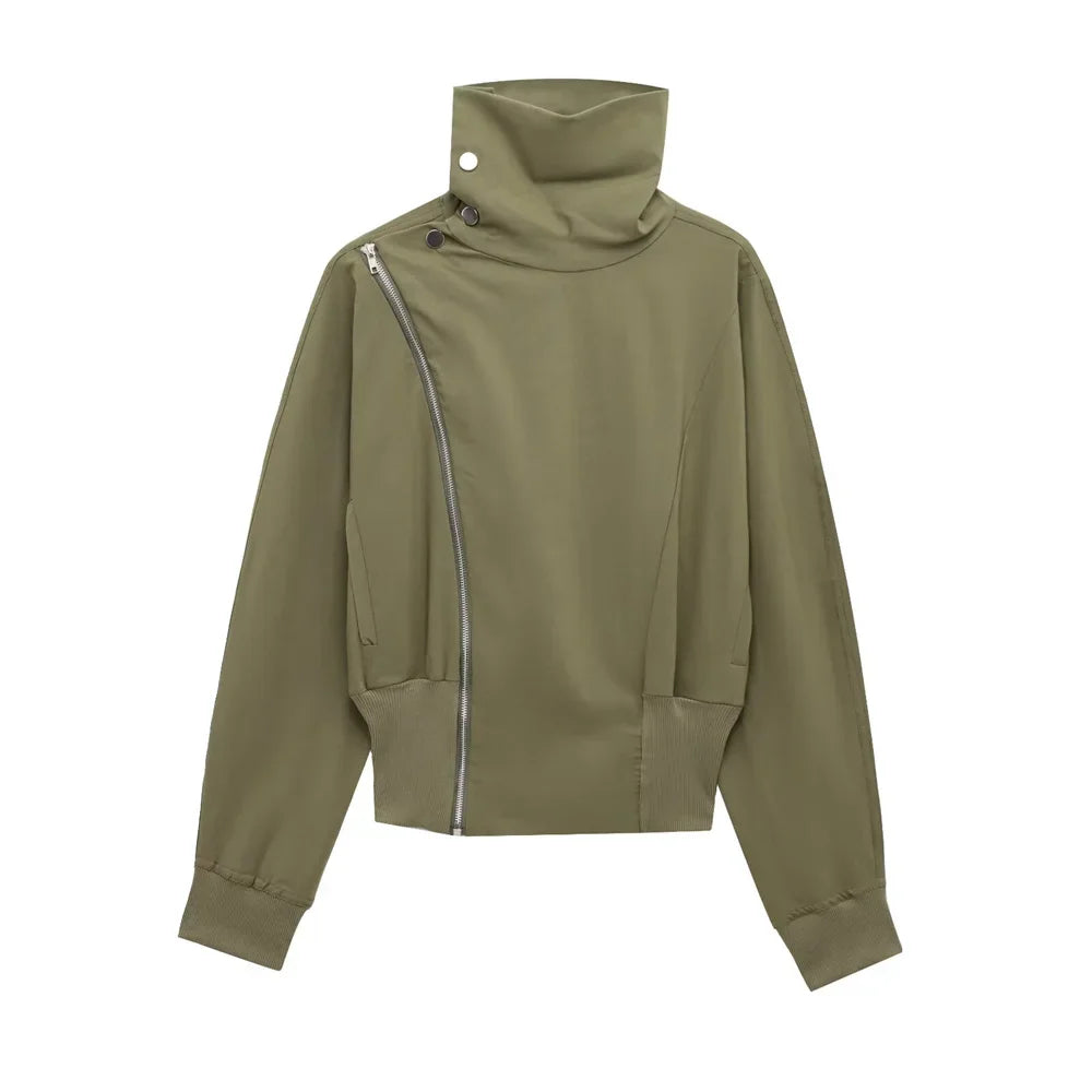 Olive Green Cowl Neck Asymmetric Zip Jacket with Elastic Waist Wide Leg Cargo Pants Set for Trendy Women's Fashion