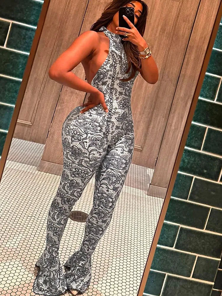 Attractive Y2K Women Jumpsuit Fashion Print Halter Neck Backless High Collar Off Shoulder Overalls for Nightclub Party