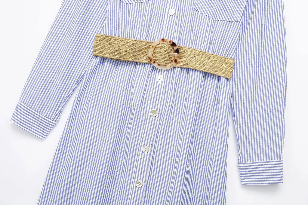 Blue Striped Shirt Dress With Belt Long Sleeve Midi