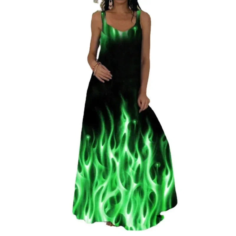Flame Print Sleeveless Dress For Summer Casual Wear