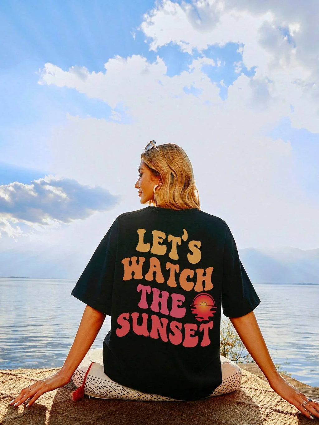 Let Us Watch The Sunset Print Women Cotton T-Shirt Casual Short Sleeve O-Neck Top for Daily Wear