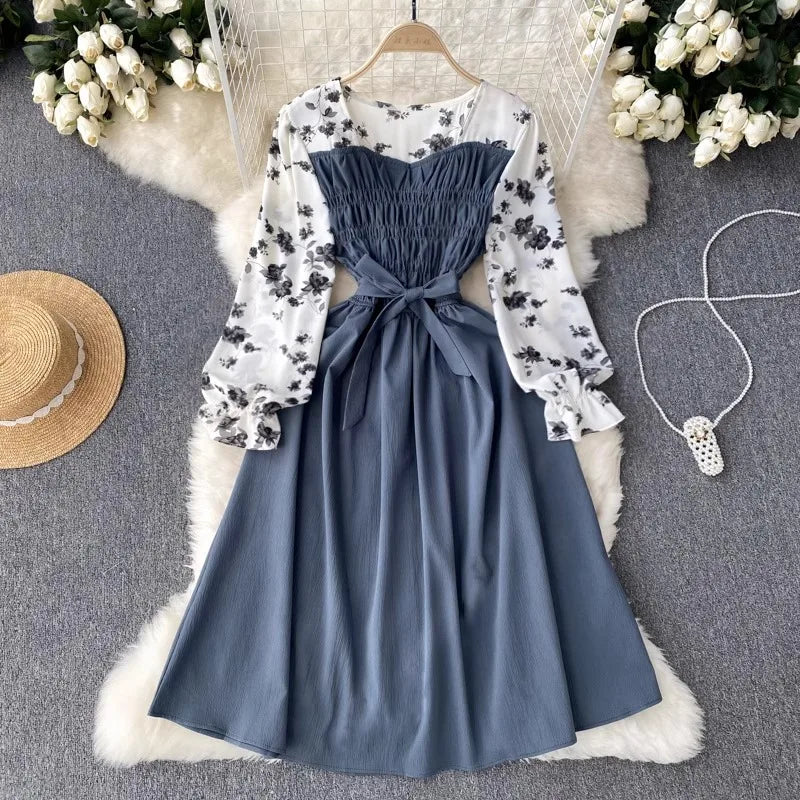 Floral Patchwork Chiffon Dress Belted Long Sleeve Women