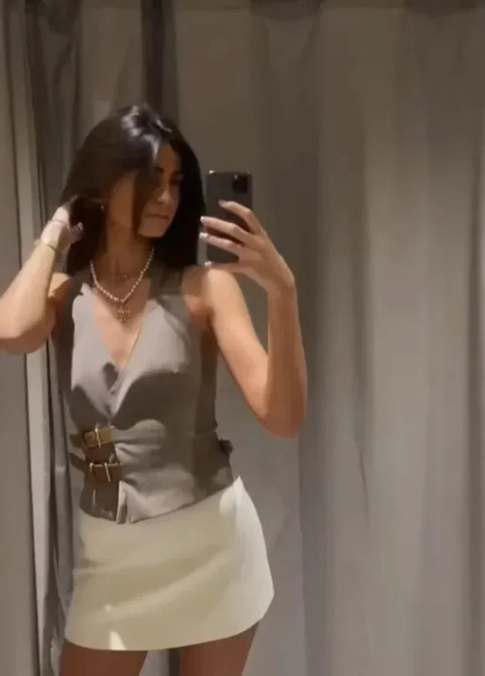 Women's Two-Piece Suit Set with Belt Halter V-Neck Top and High-Waisted Pleated Pants