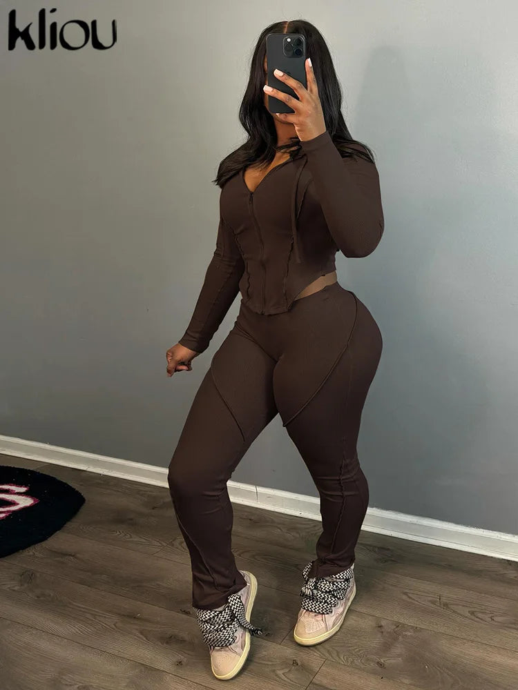 Casual Sporty 2 Piece Activewear Set for Women with Irregular Full Sleeve Zip-Up Hoodie and Slim Elastic Pants