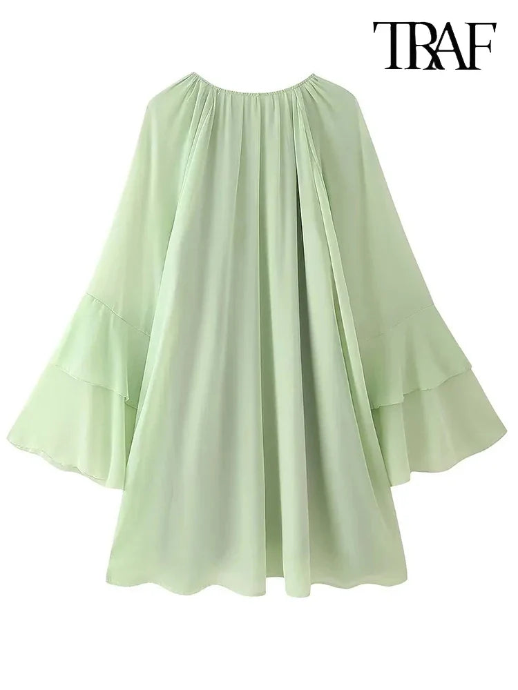 Boho Beach Dress With Round Neck Ruffle Trim Long Sleeve