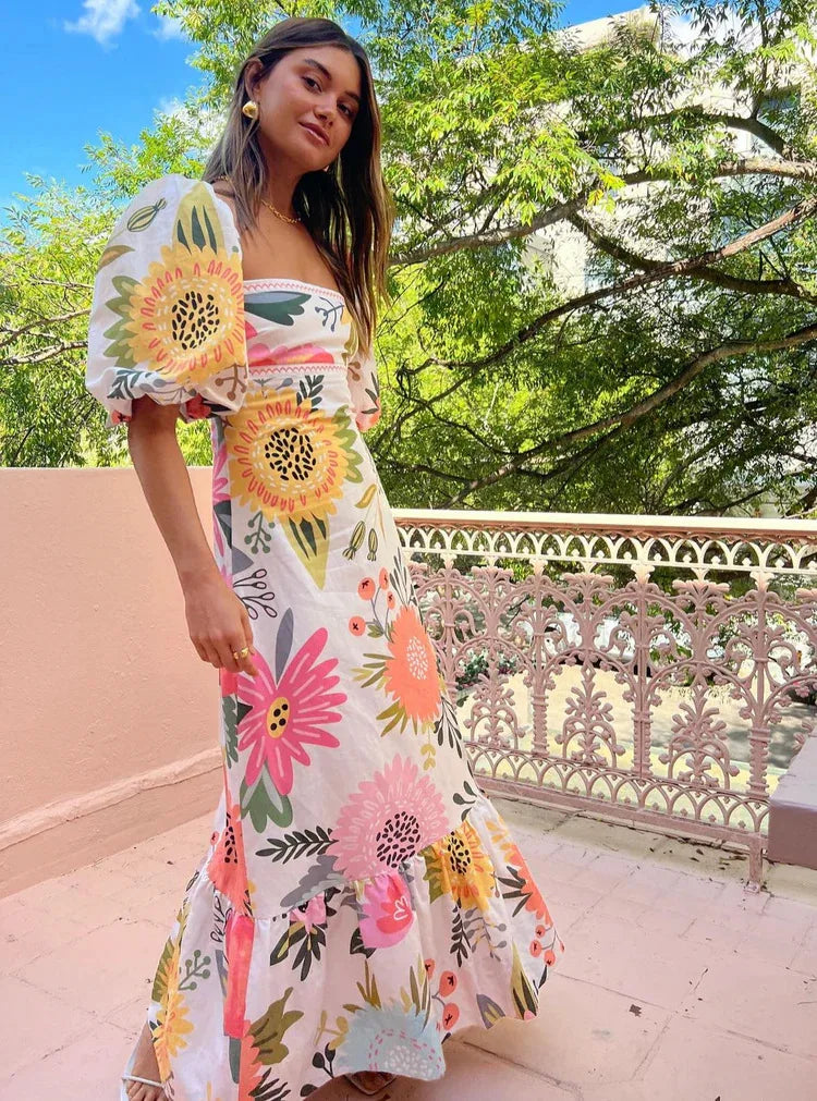 Bohemian Printed Lantern Sleeve Maxi Dress With Collar