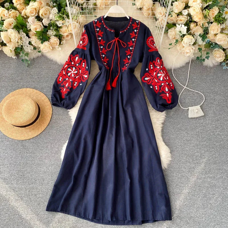 Bohemian Embroidered Floral Dress With Lantern Sleeve
