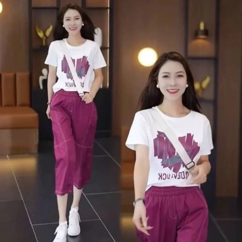 Women's Casual Summer Two Piece Set with Short Sleeve T-Shirt and Calf-Length Pants