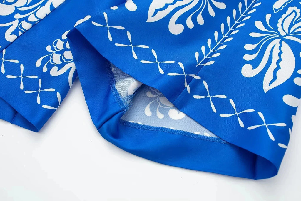 Women's Vintage Printed Casual Set with Long Sleeve Blouse and Straight Leg Pants