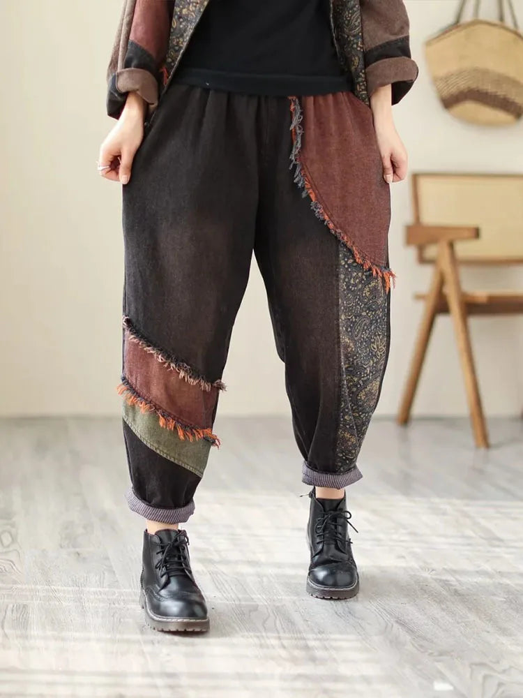 Womens Vintage Denim Two Piece Set with Printed Jacket and Casual Jeans