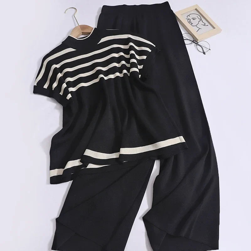 Women Knit Striped Two Piece Set Casual Short Sleeve Top and Loose Trousers Outfit