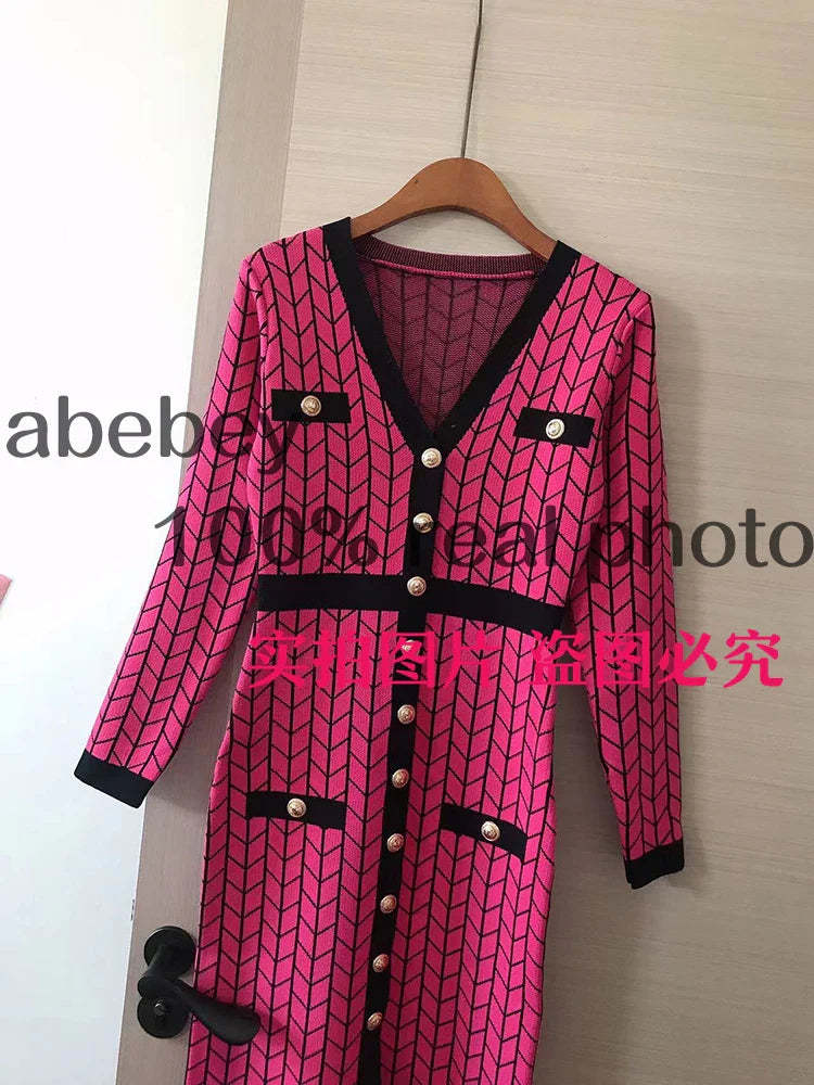 Autumn Plaid Knit Dress Women V Neck Elastic Waist Midi