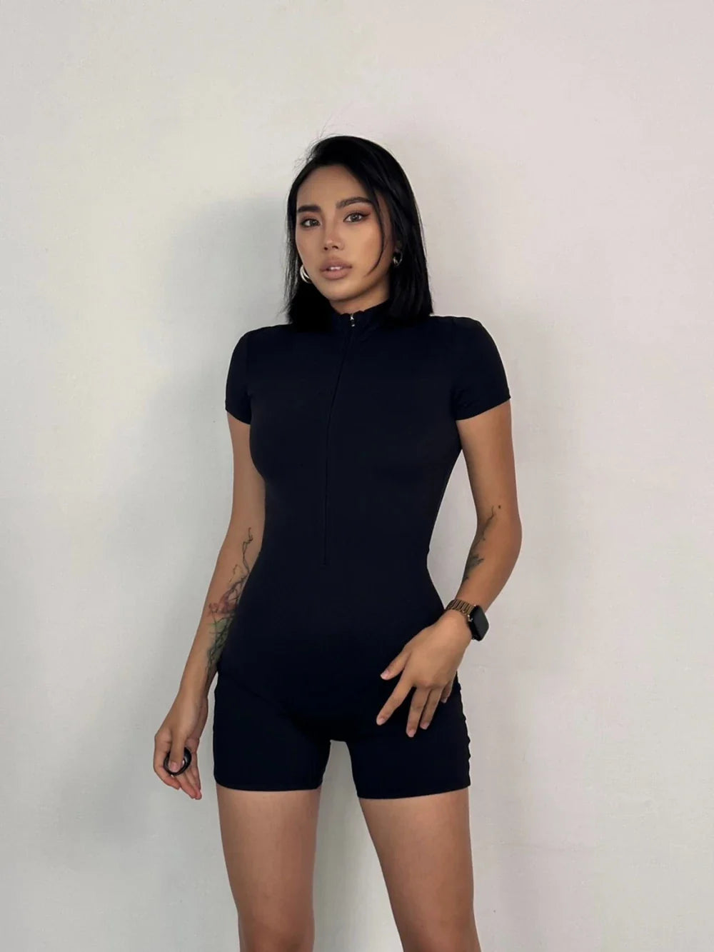 Womens Slim Fit Yoga Jumpsuit Short Sleeve Stretch One Piece Playsuit Romper with Front Zipper Sexy Fitness Activewear