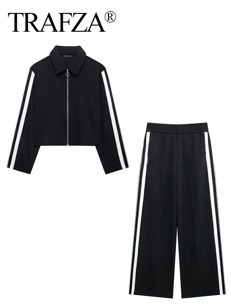 Women's Fashion Side Stripe Coat Pant Set with Long Sleeve Zipper Jacket and Elastic Waist Wide Leg Pants