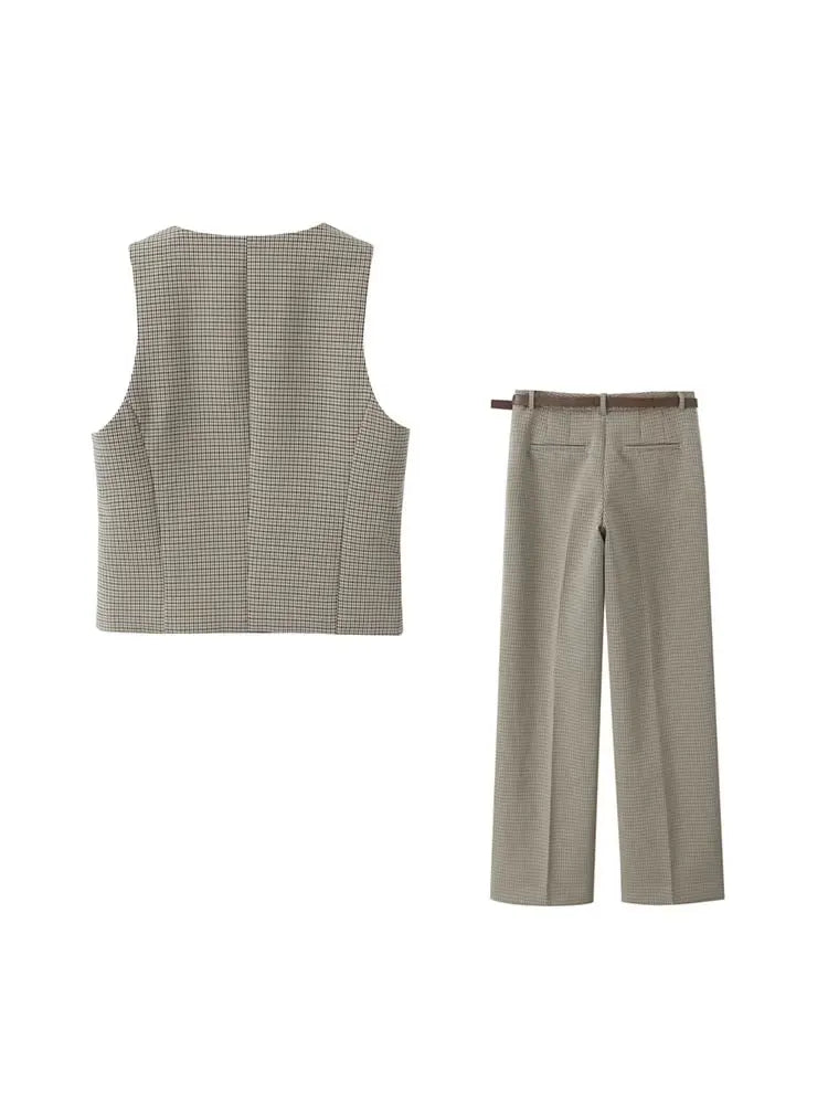 Women's Fashion Button-Up Check Waistcoat With High Waist Belted Straight Pants Two Piece Set